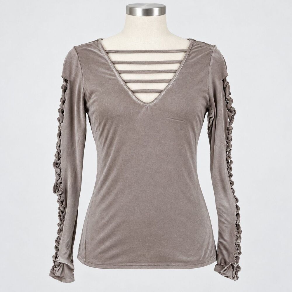 VENUS Taupe Velvet Caged V-Neck Braided Long Sleeve Top Size XS